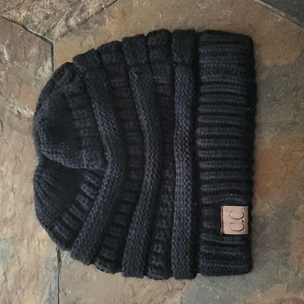 C.C winter hat with open top for ponytail.